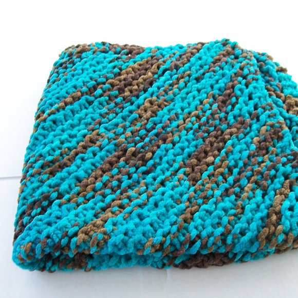 Hand Crafted Baby Blanket Hat Set Turquoise Blue Brown Chunky Swaddle - Picture 3 of 10